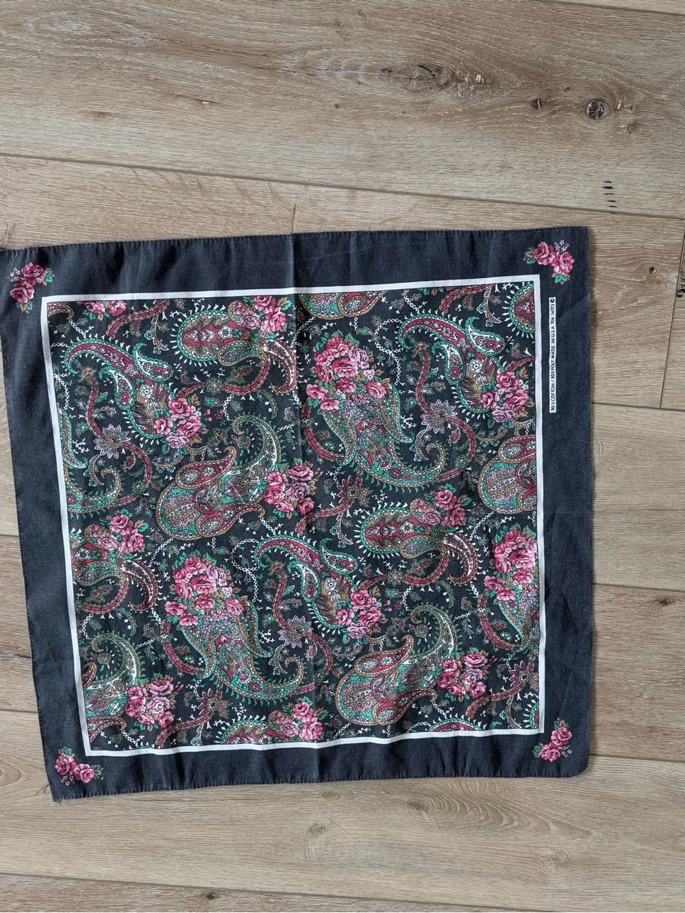 Vintage 1982 Paisley Rose Floral Scarf Made in USA